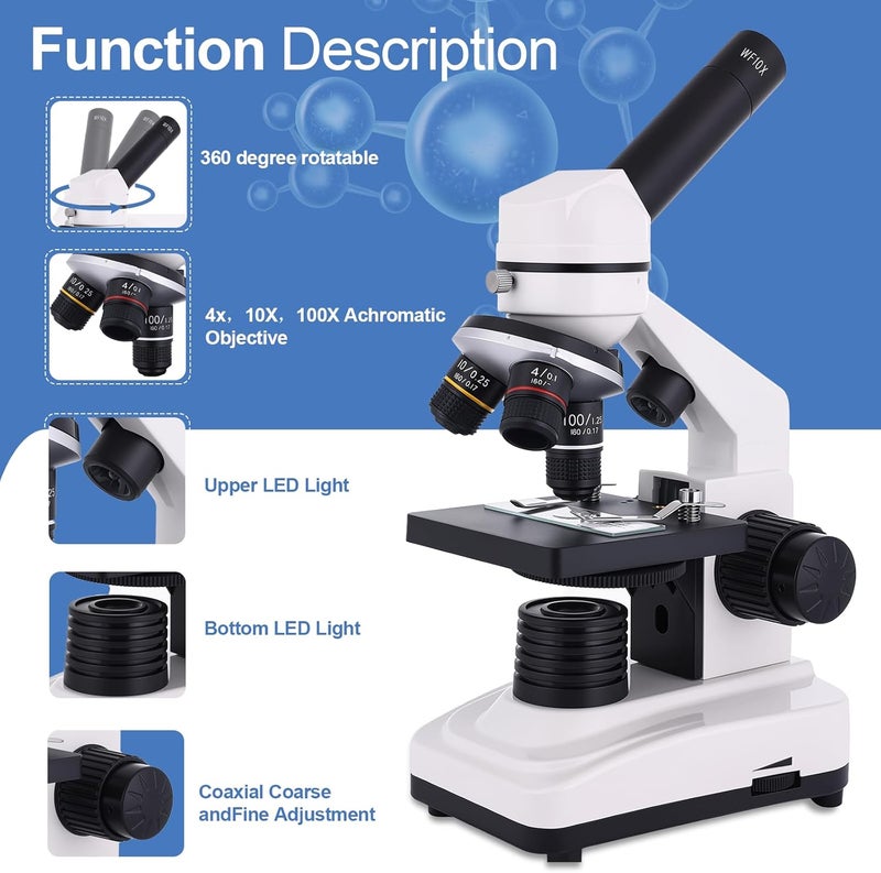 JECONE Microscope for Adults & Kids, 40X-2000X High-Power Compound Microscope for Students, School Lab & Home Schooling,Equiped with Slides Set & Phone Holder(A1) - Image 5
